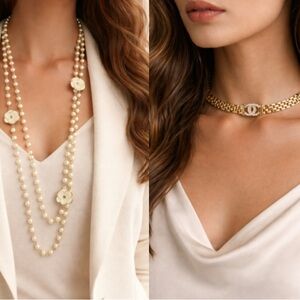 Gold CC Style Choker & Layered Chain Necklace Set Rhinestone Clasp